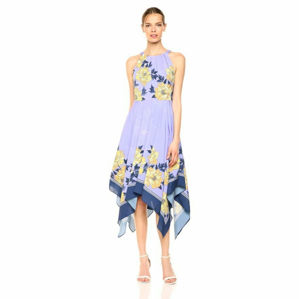 Adrianna Papell Lavender Floral Dress Midi Halter - Picture 1 of 6